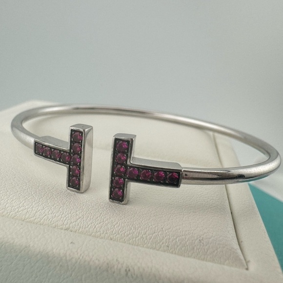 Tiffany & Co. 18k Ruby Tiffany T Square Bracelet Bangle in White Gold - Picture 3 of 7